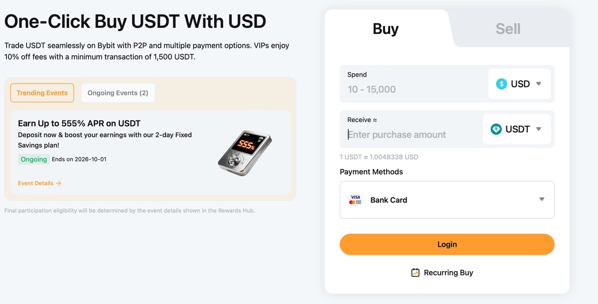 One-Click Buy on Bybit showing BTC purchase rate and payment methods
