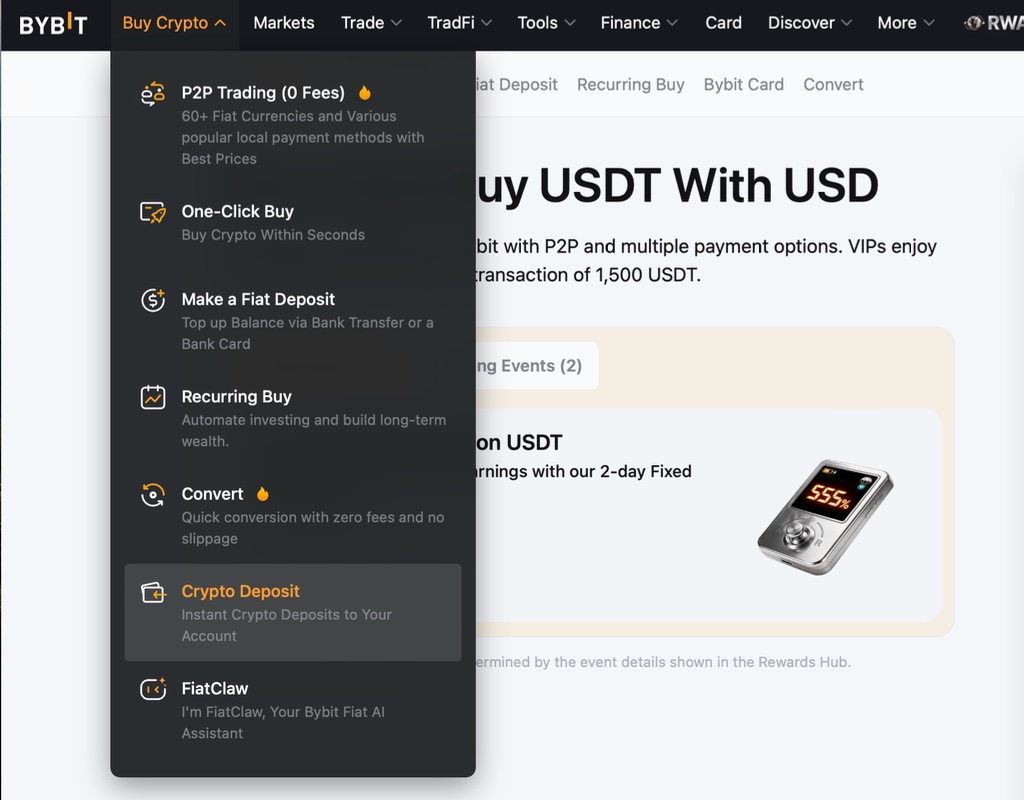 Cryptocurrency deposit screen on Bybit with blockchain network selection